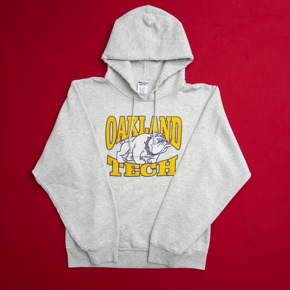 VTG style Jerzees Oakland Tech Bulldogs Hoodie Mens S Gray Sweatshirt Graphic